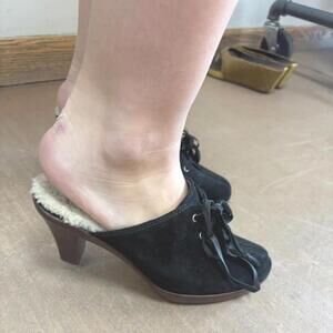 UGG Black Suede Mules with Chunky  Heel and Decorative Laces 7.5B
